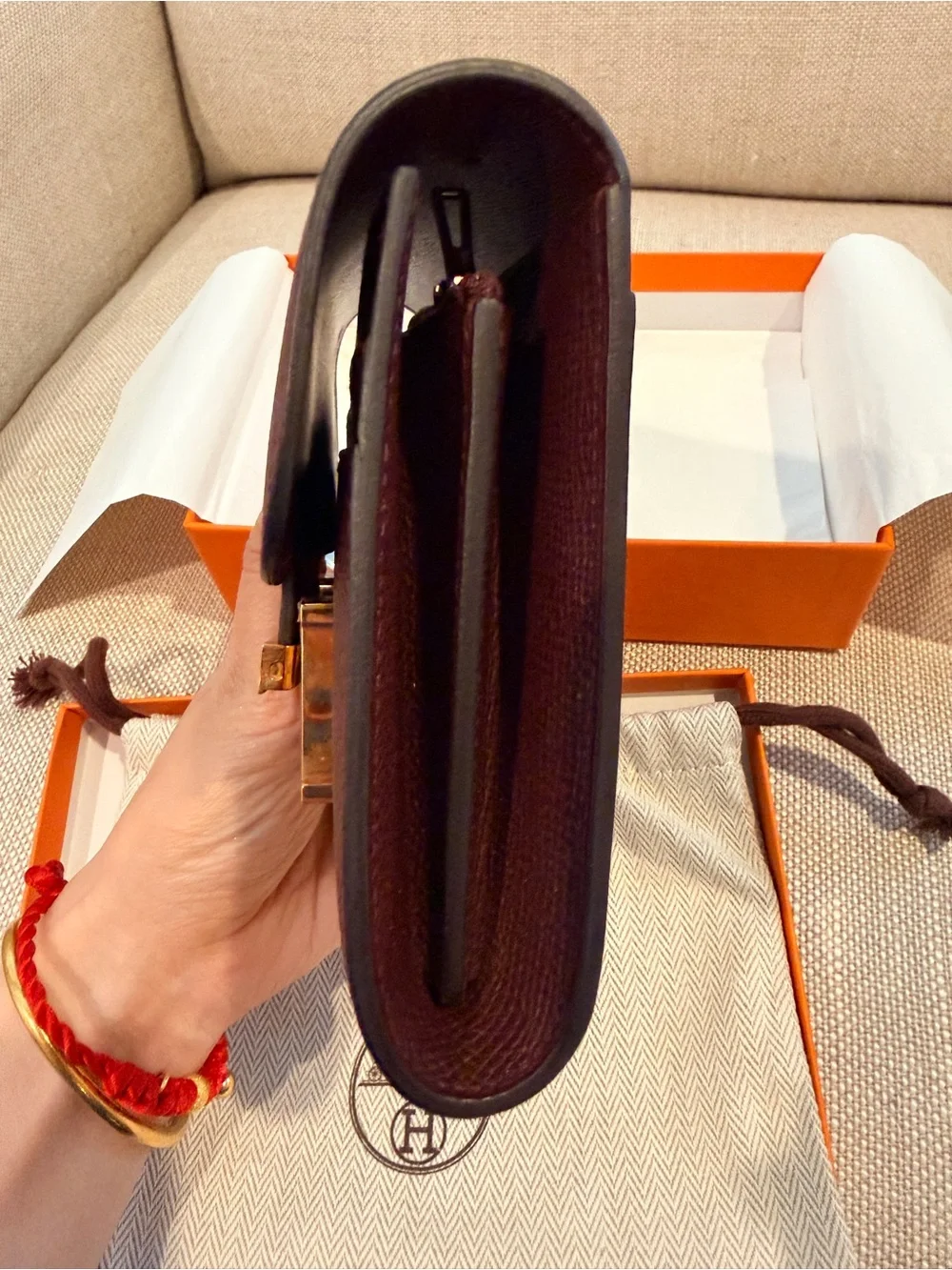 HERMES Constance Wallet in Burgundy with ROSE Gold Hardware